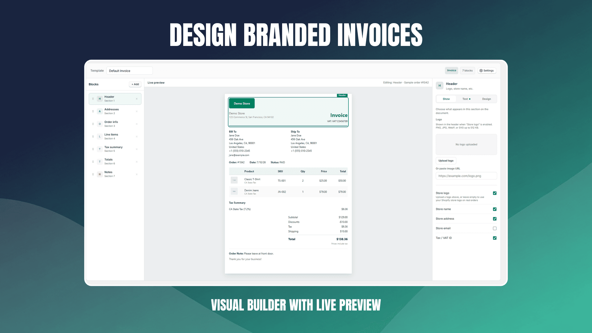 Logo, colors, tax, order details, and more